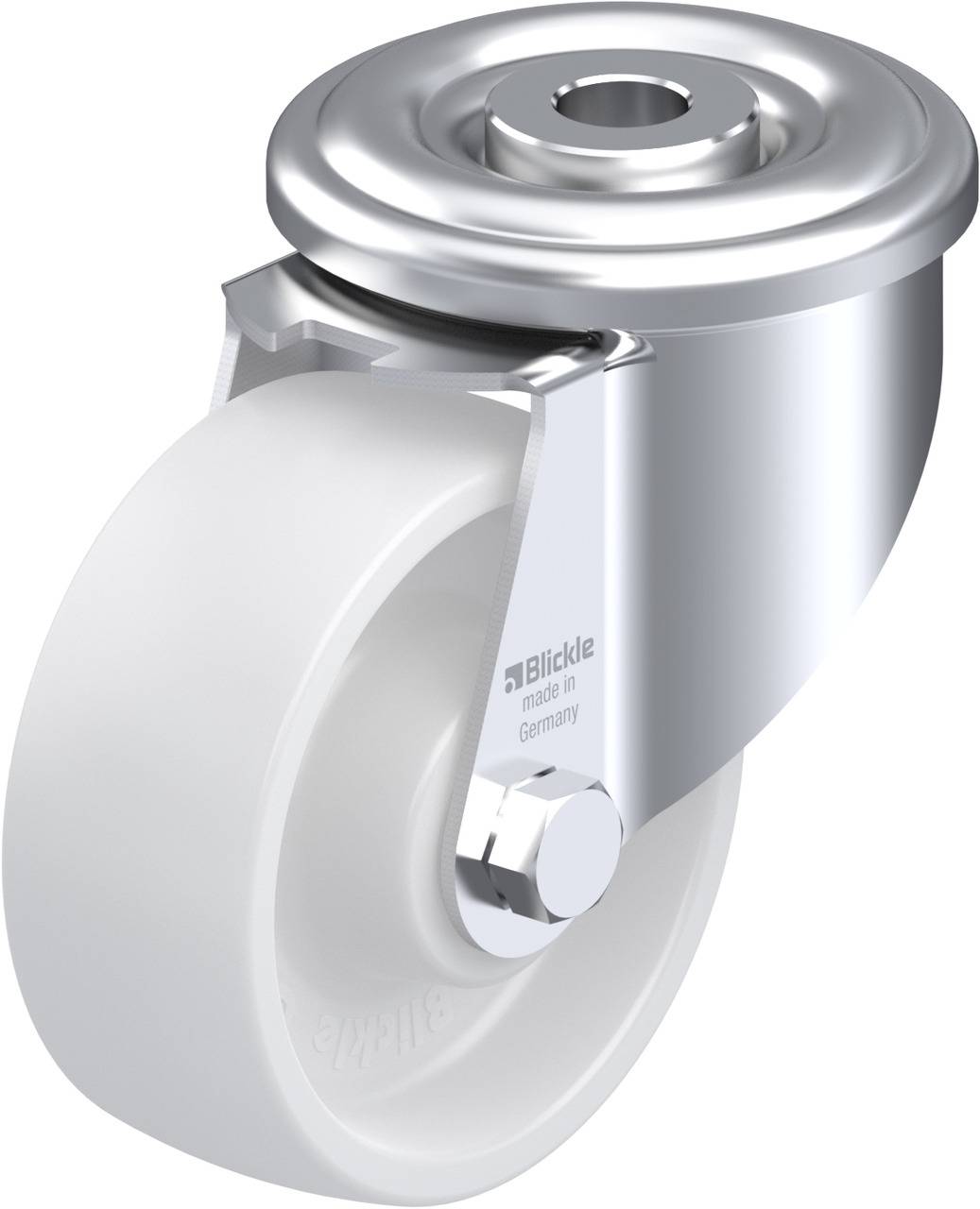 Eine graue Rolle mit Metallgehäuse, seitlich mit der Aufschrift 'Blickle made in Germany'. Geeignet für industrielle Anwendungen.