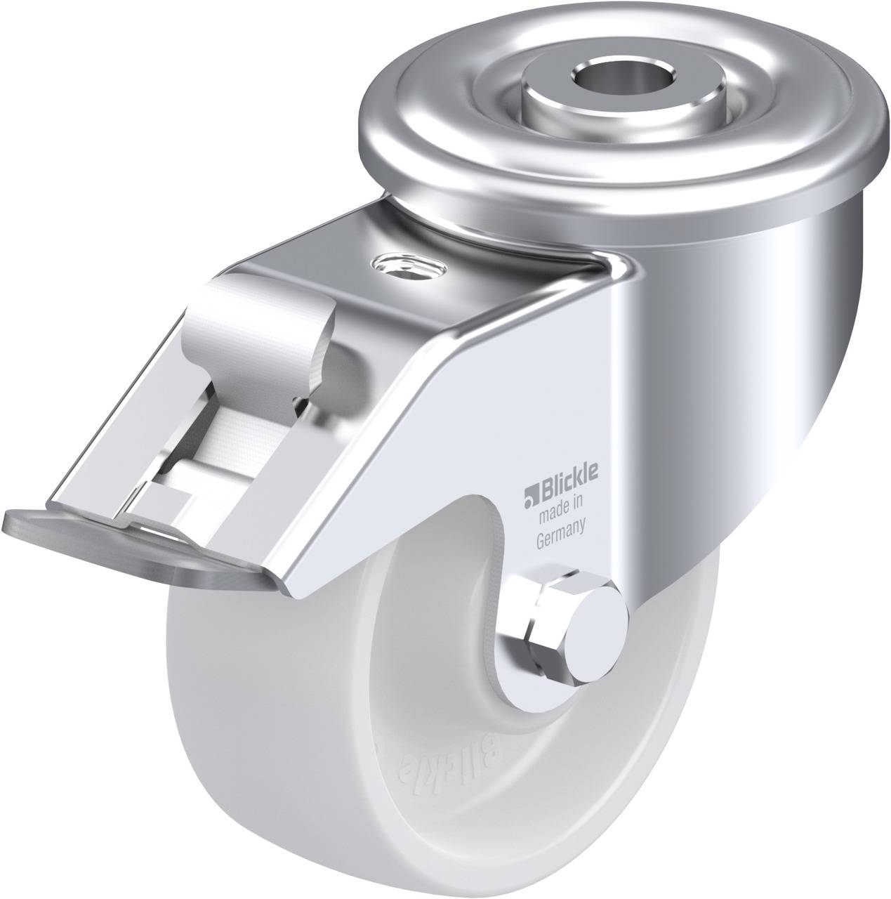 Metall-Doppelrollenlager mit festgestellter Bremse und weißem Rad, seitlich beschriftet 'Bickle made in Germany'.