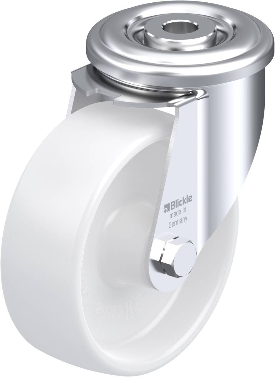 Schwenkrolle aus Edelstahl mit weißem, rundem Rad. Sie ist für den Industrieeinsatz konzipiert und zeigt das Produktdesign von Blickle.