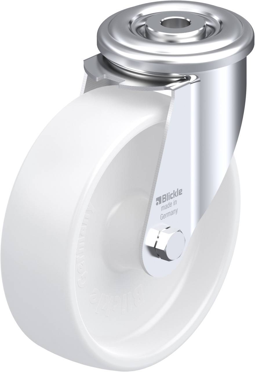 Metallrahmen-Lenkrolle mit weißem Rad, Aufschrift 'Blickle Made in Germany', geeignet für den Einsatz an Möbeln oder Geräten.