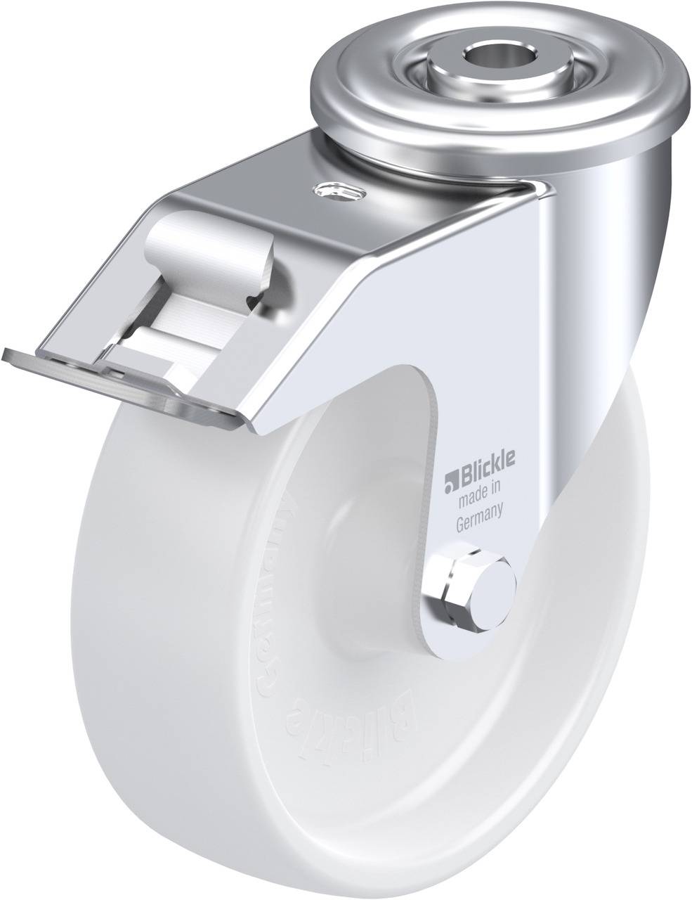 Ein silberfarbenes Lenkrolle mit weißem Rad aus Kunststoff. Die Aufschrift 'Blickle made in Germany' ist sichtbar.