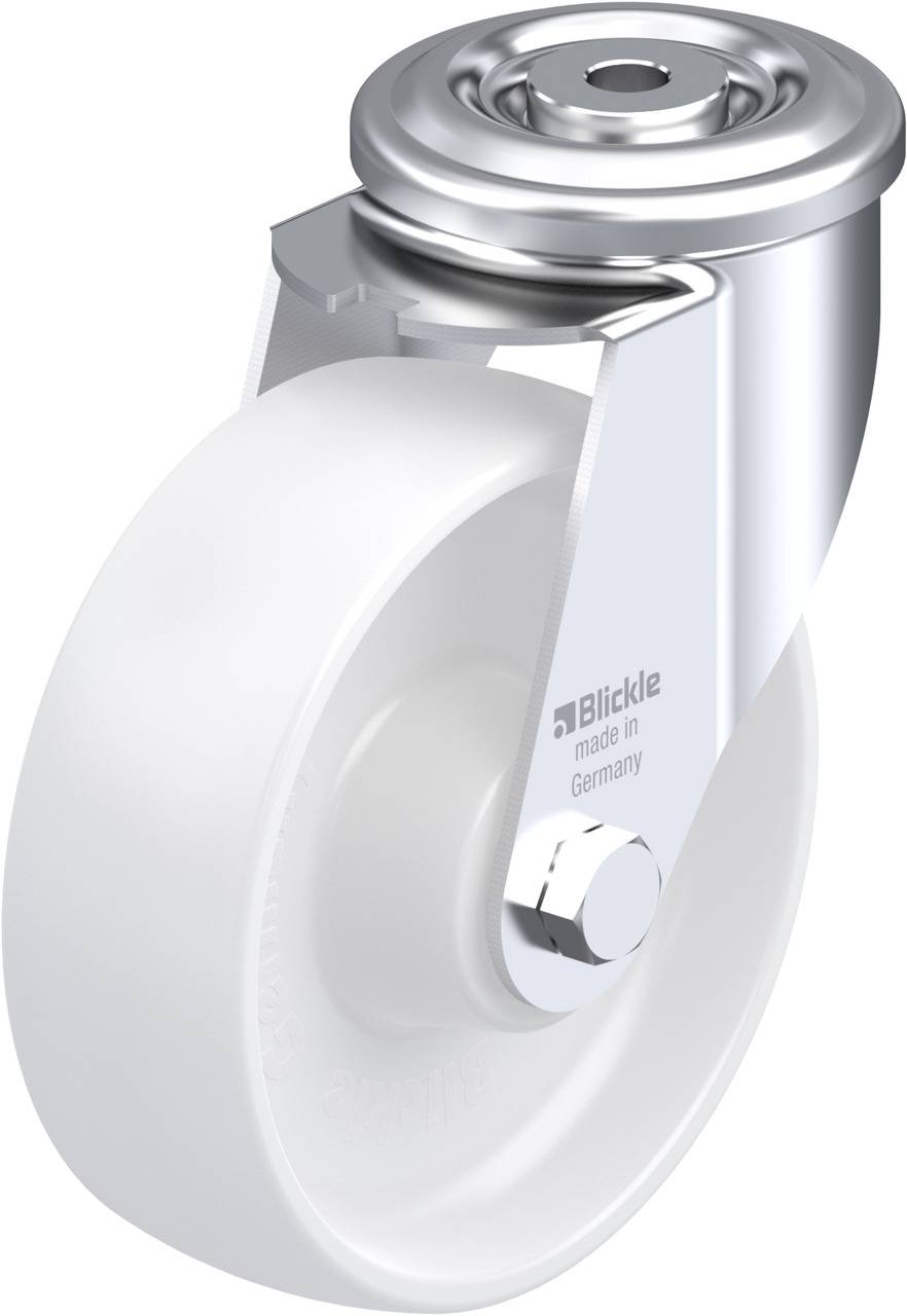 Schwenkrolle mit weißem Rad und silbernem Gehäuse, beschriftet mit 'Blickle made in Germany'. Geeignet für den Einsatz in Transportwagen.