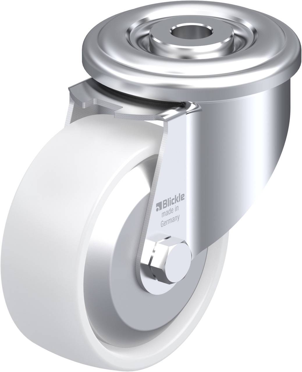 Ein silbernes Drehstuhlrad mit weißem Rad und Metallhalterung, seitlich montierbar. Text 'Blickle made in Germany' auf der Halterung.