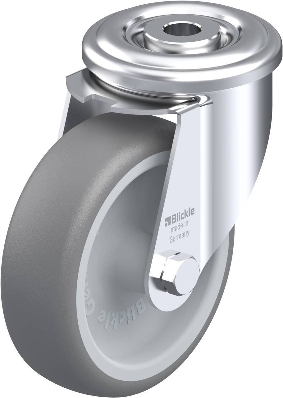 Ein graues Schwenkrollenrad mit Metallgehäuse, geeignet für Möbel oder Transportwagen, hergestellt in Deutschland.