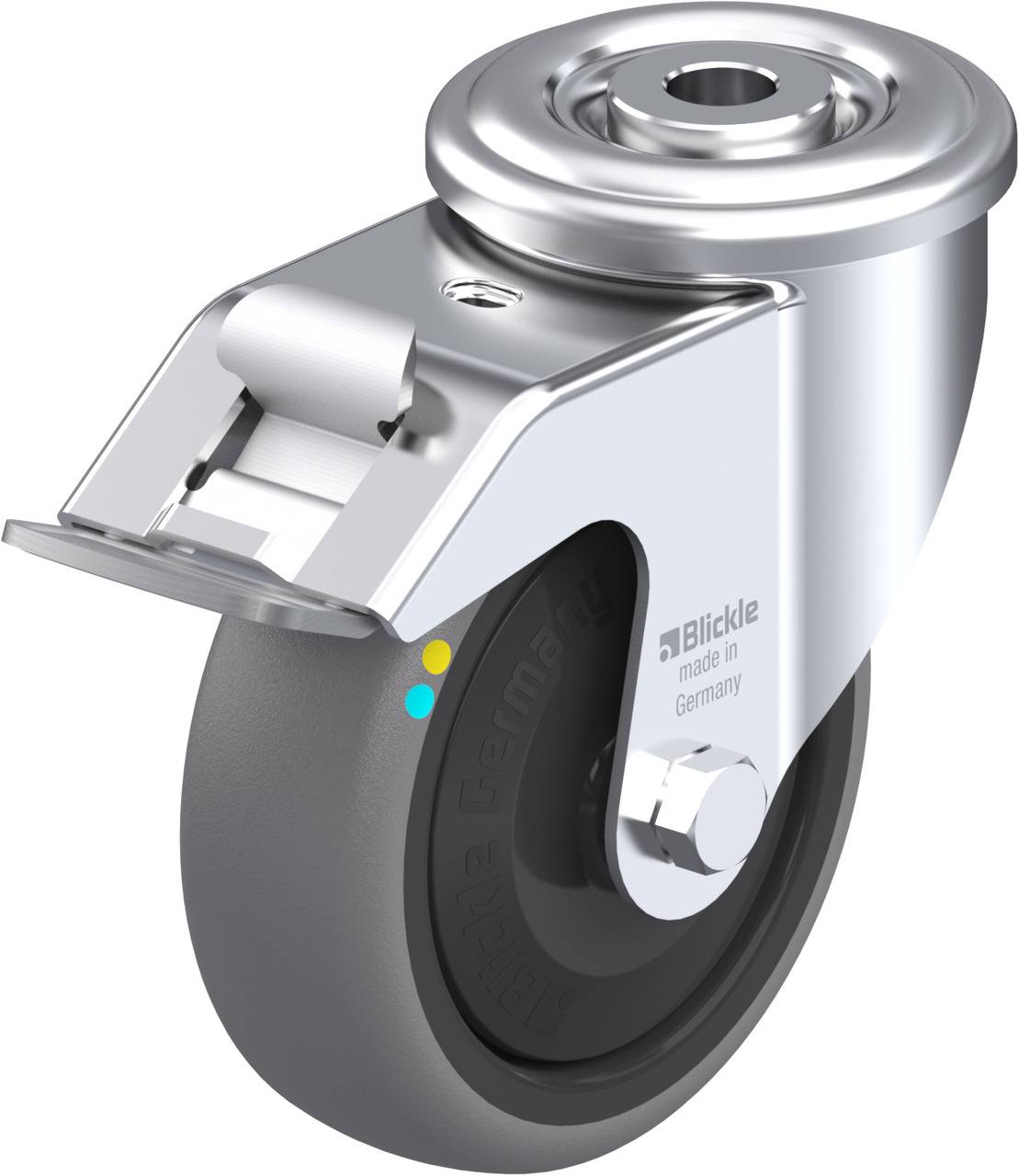 Schwenkrolle aus Metall mit grauem Rad, Aufdruck 'Blickle made in Germany'. Ideal für mobile Anwendungen und schwere Lasten.