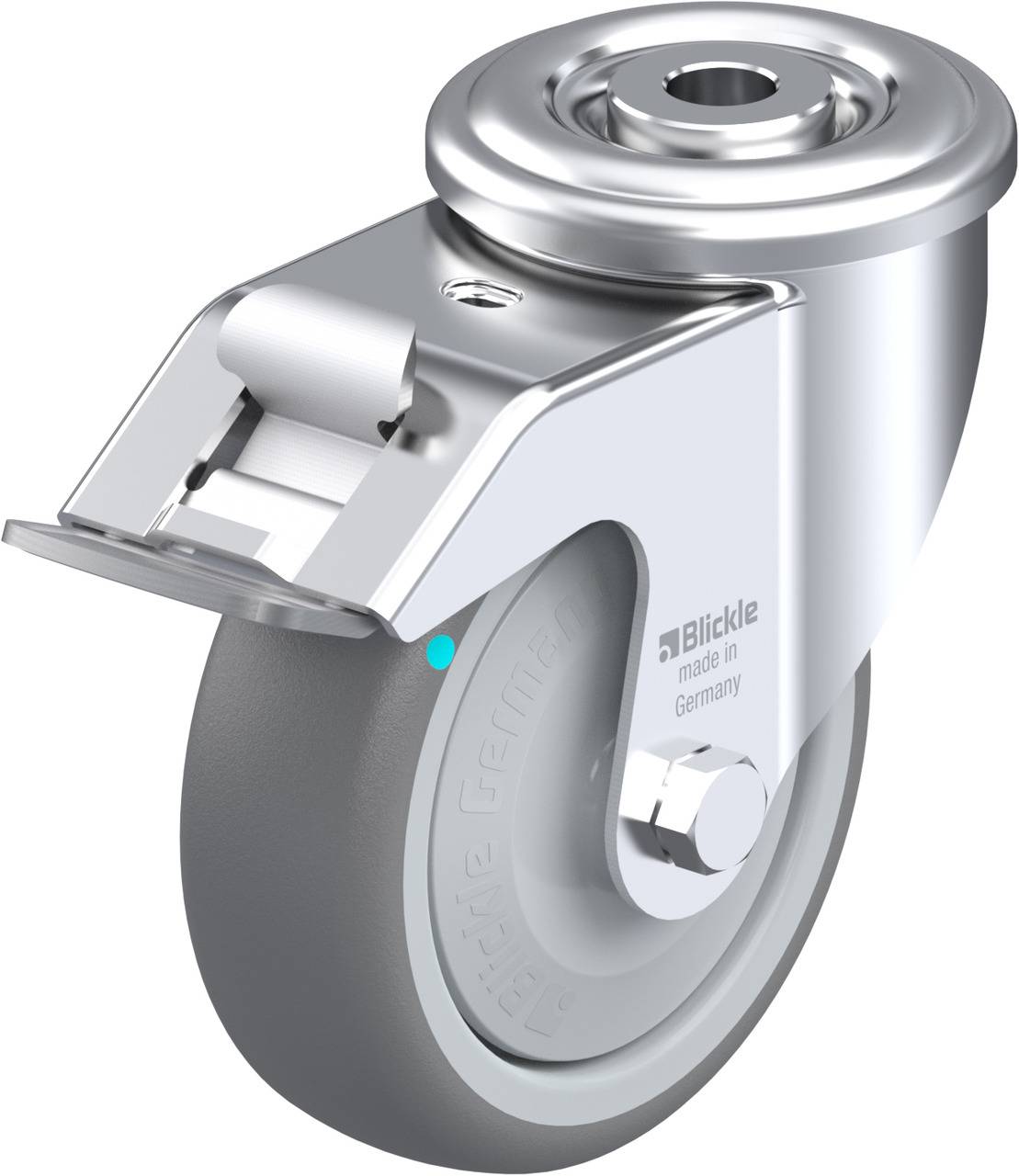 Schwenkrolle aus Metall mit grauem Rad, geeignet für Möbel oder Gerätebewegung, hergestellt in Deutschland.