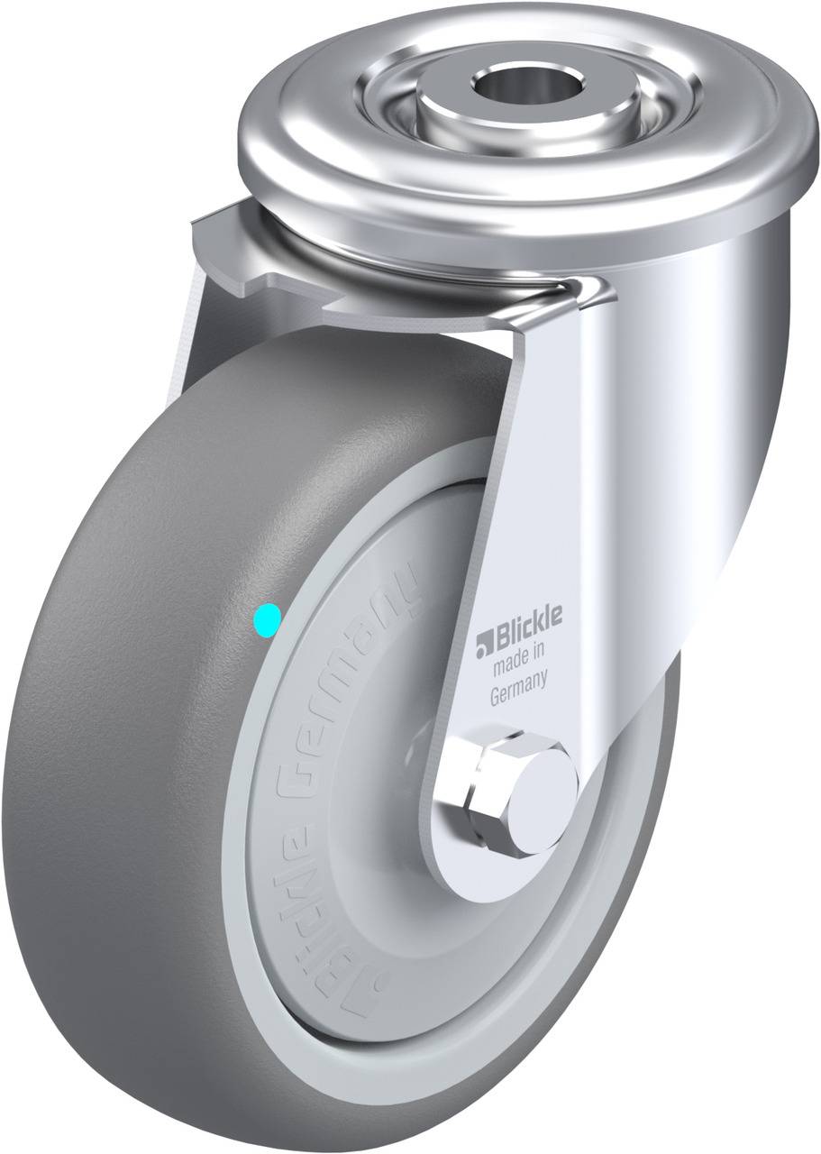Lenkrolle mit grauem Rad und silbernem Gehäuse, gekennzeichnet mit 'Blickle made in Germany'. Geeignet für vielseitige Anwendungen.