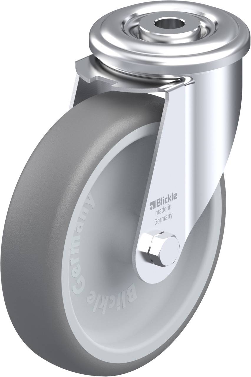 Industrielles Lenkrollenrad mit grauer Gummilauffläche und glänzendem Metallgehäuse, hergestellt in Deutschland.