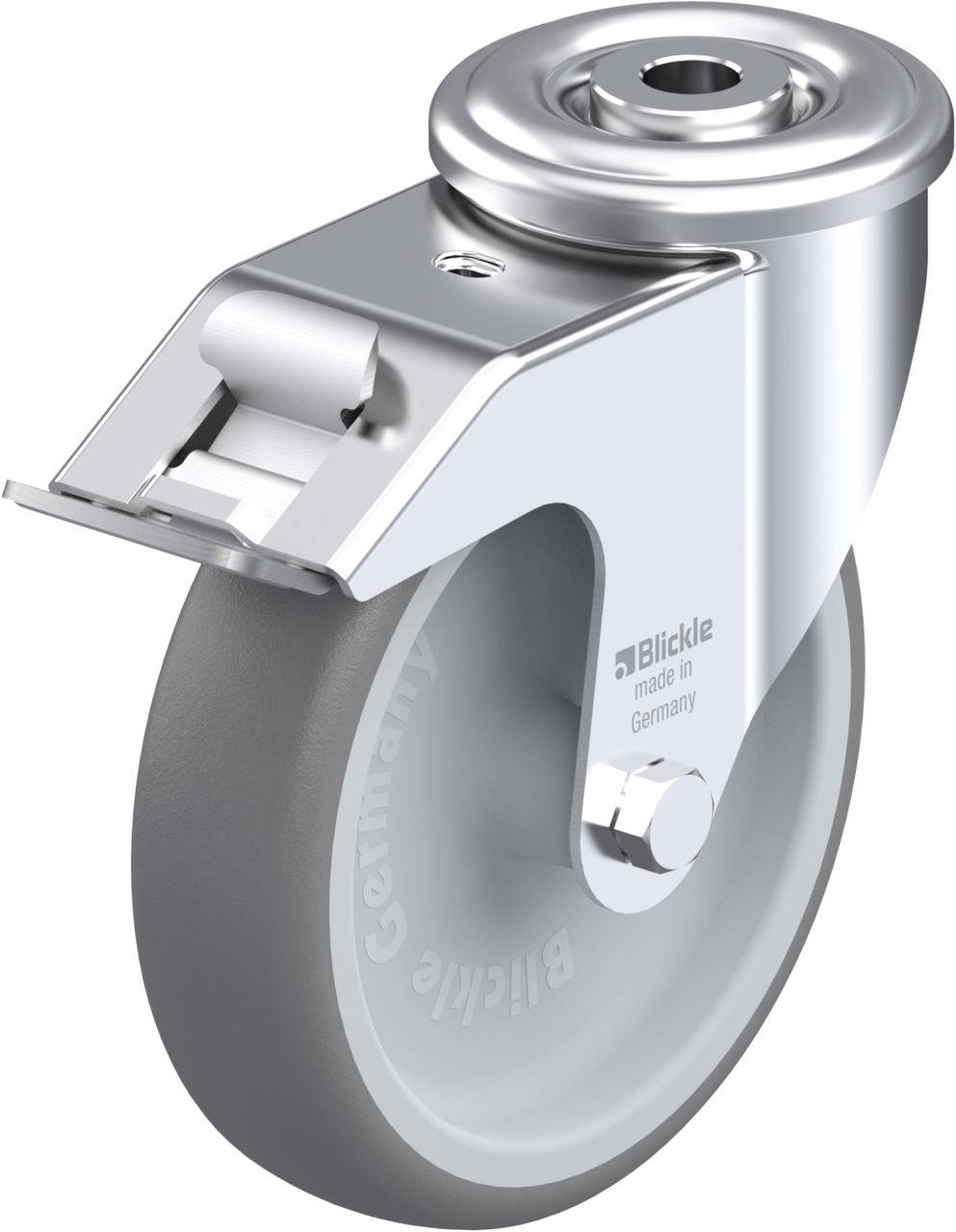 Rollenrad mit grauem Gummi und silbernem Gehäuse. Das Rad ist mit 'Blickle made in Germany' markiert. Geeignet für industrielle Anwendungen.