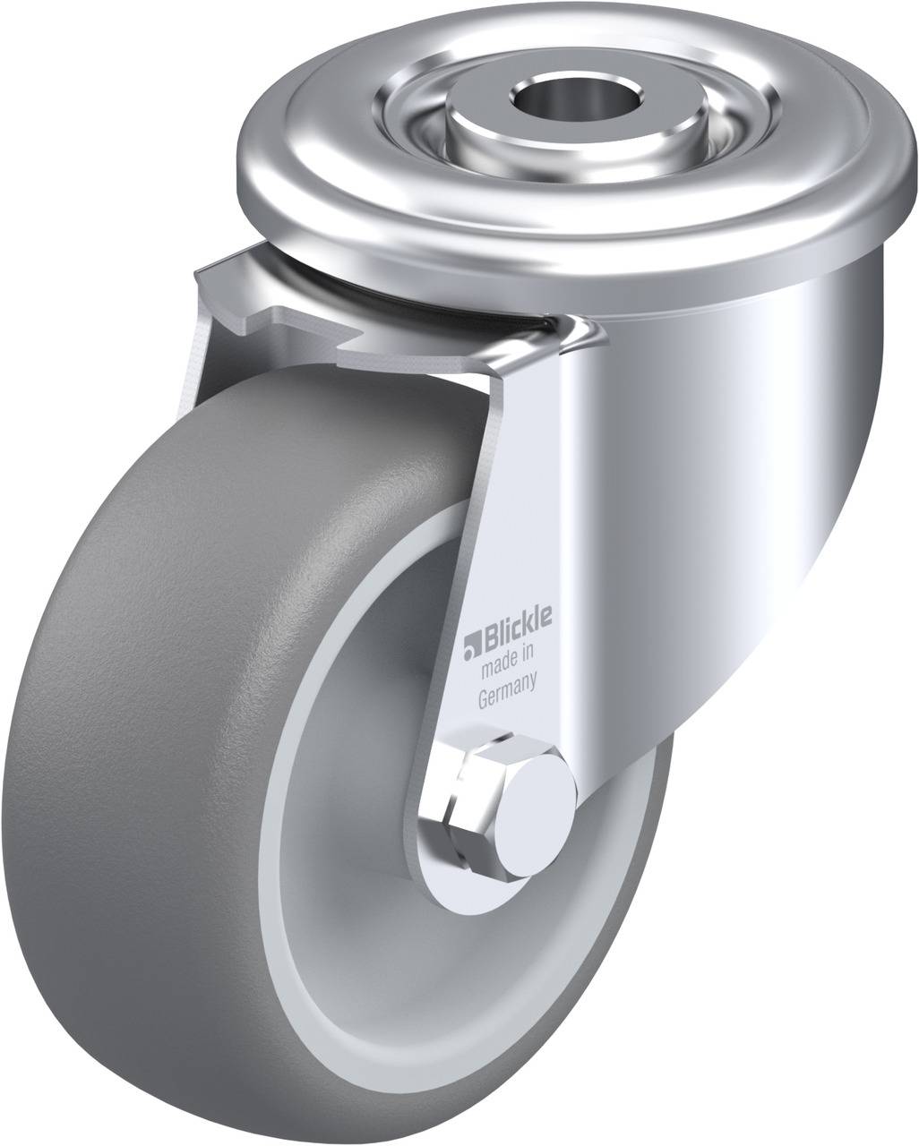 Schwenkrolle aus Metall mit grauem Gummirad, markiert mit 'Blickle made in Germany'. Hauptsächlich für Möbel- und Gerätebewegung geeignet.
