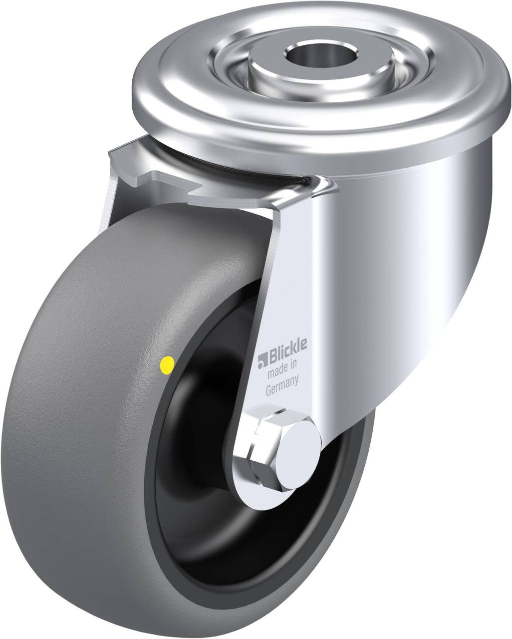 Industrie-Rollenlager aus Metall mit grauem Rad und Aufhängung. Markiert mit 'Blickle made in Germany'.