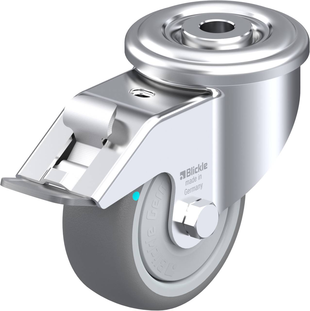 Metallisches Lenkrollenrad mit grauem Gummireifen und ritzelemblem 'Blickle made in Germany'.