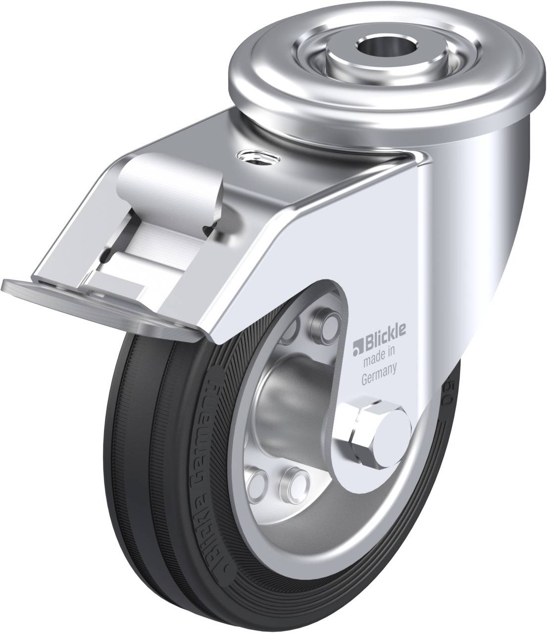 Lenkrolle aus Metall mit schwarzem Gummirad, glänzende Oberfläche, geeignet für Industrie- und Möbeleinsatz. Aufschrift 'Blickle'.