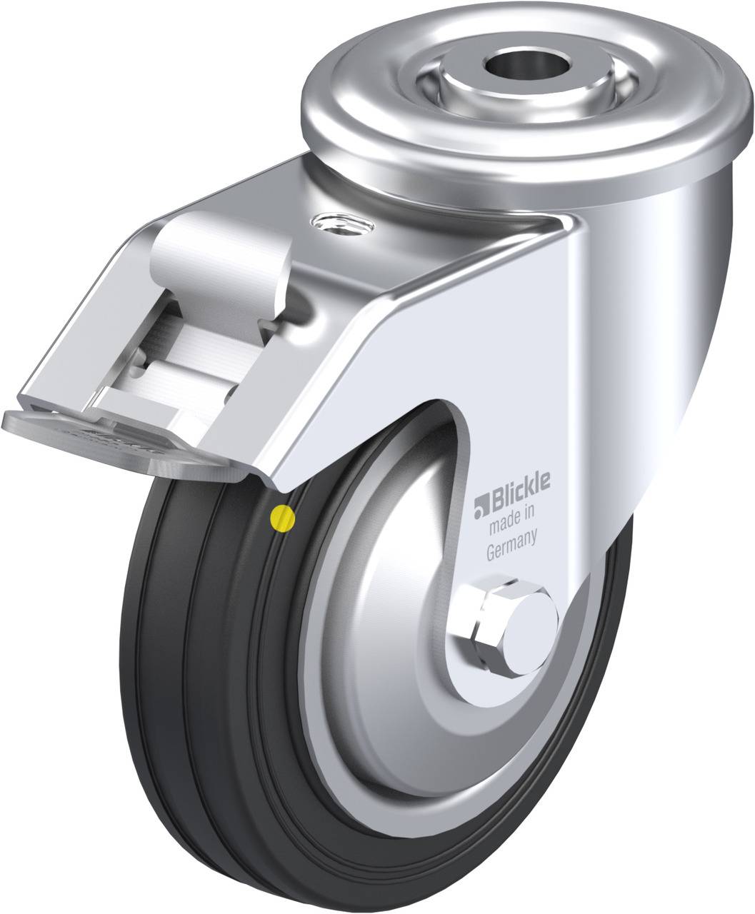 Industrie-Rad aus Metall mit schwarzem Gummi und Halterung; Aufschrift 'made in Germany' auf der Halterung.