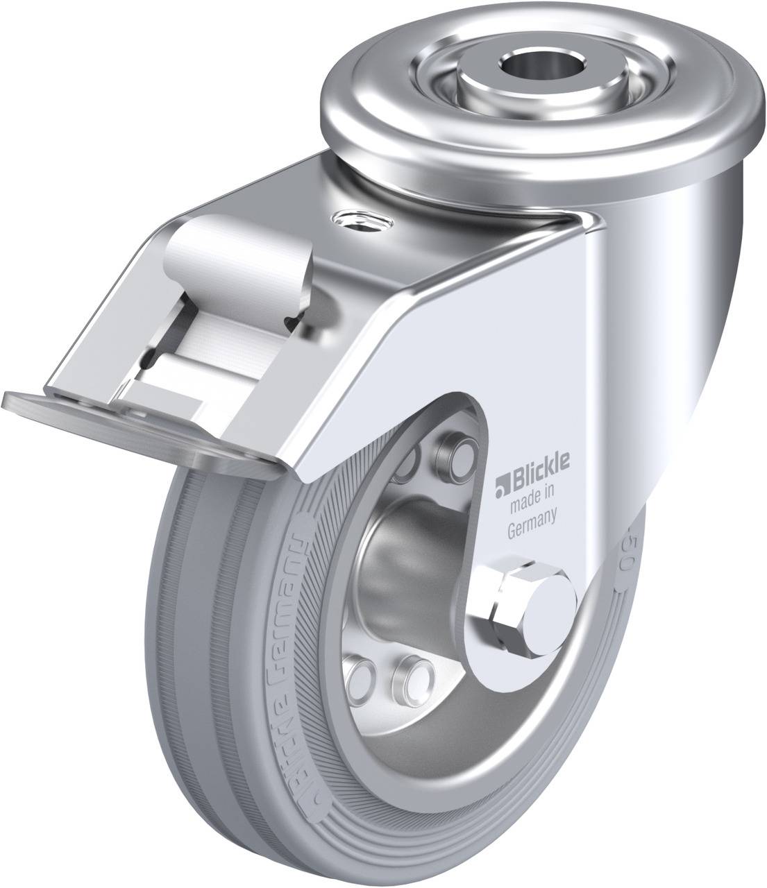 Metallische Lenkrolle mit feststellbarem Rad, geeignet für industrielle Anwendungen. Hergestellt in Deutschland von Bickle.