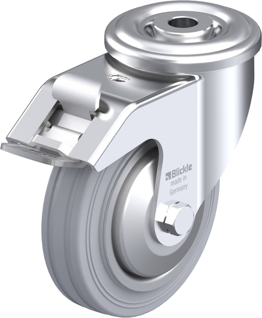 Schwenkrolle aus Metall mit grauem Rad, Sicherheitsgehäuse und Beschriftung 'Blickle made in Germany', geeignet für industrielle Anwendungen.