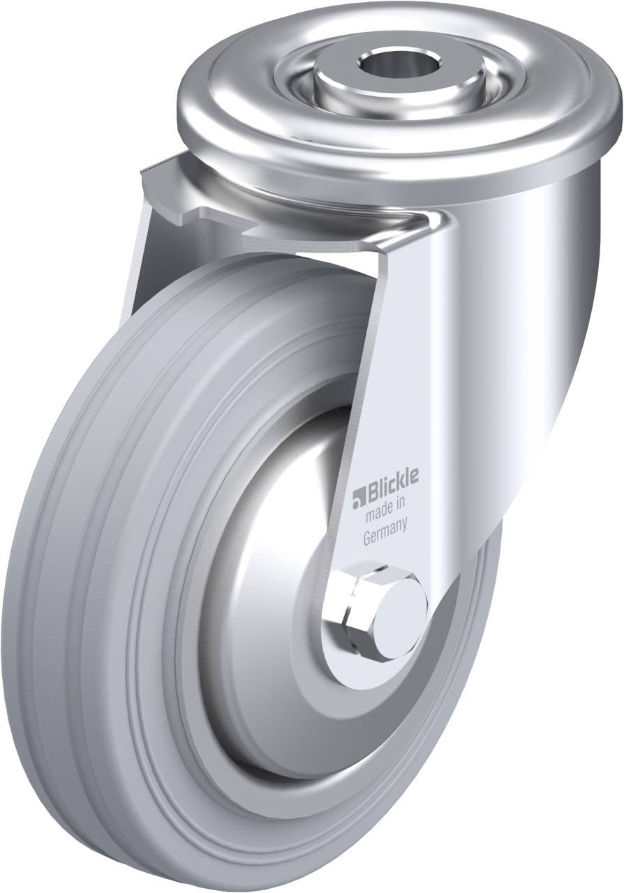 Schwenkrolle aus Metall mit grauem Gummirad, markiert mit 'Blickle made in Germany'.