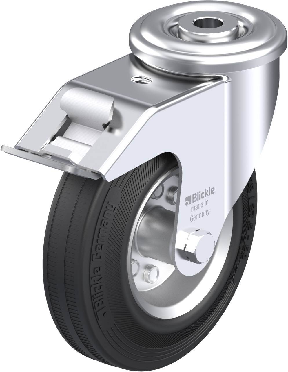 Schwenkrolle aus Metall mit schwarzem Gummirad, seitlich angeschraubt. Gravur 'Blickle made in Germany'.