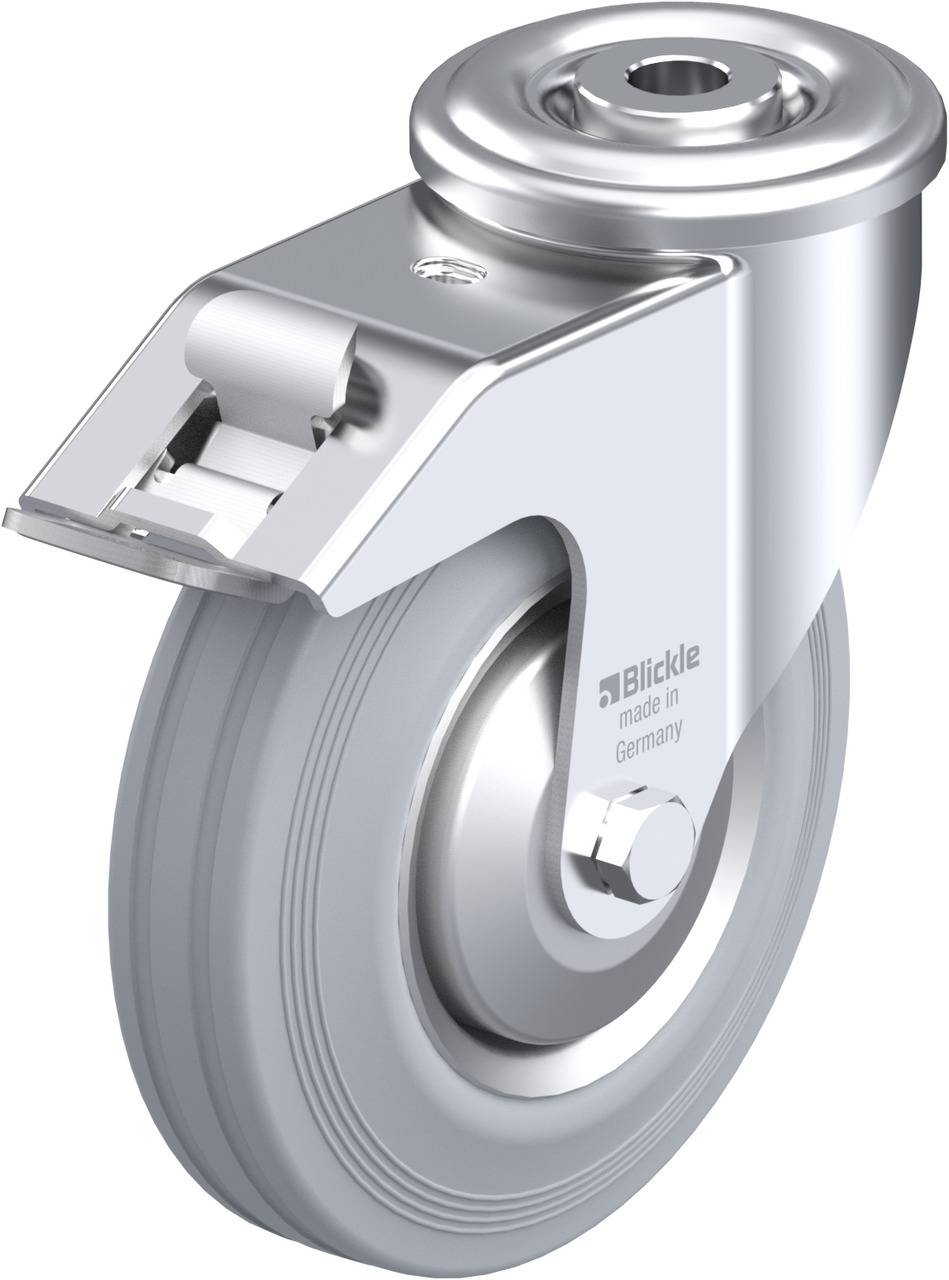 Metall-Schienenschwenkrolle mit grauem Rad und Bremssystem. Geeignet für industrielle Anwendungen. Hergestellt in Deutschland.