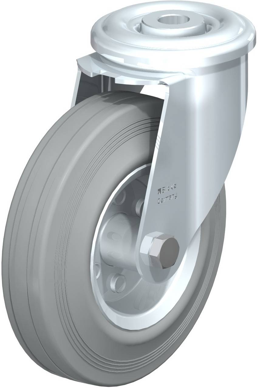 Robustes Rad aus Metall und Gummi für industrielle Anwendungen, mit Drehgelenk zur einfachen Richtungsänderung.