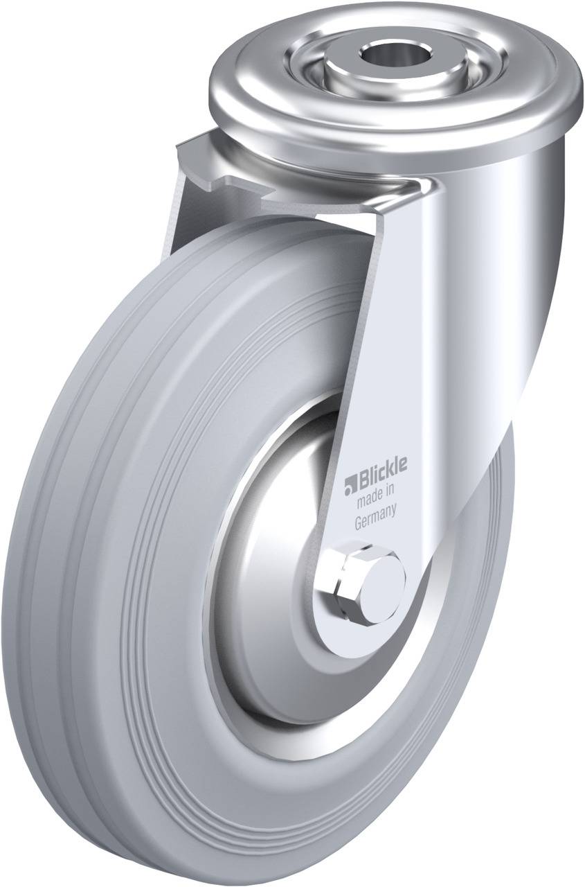 Industrie-Rollenrad aus Metall und Gummi, silbergraue Halterung mit Aufschrift 'Blickle made in Germany', geeignet für schwere Lasten.
