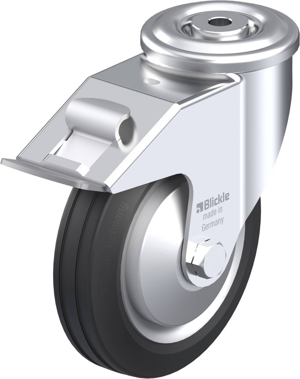 Metallisch glänzendes Lenkrad mit schwarzem Reifen. Oben ein Gehäuse mit Loch zur Befestigung. Aufschrift: 'Blickle, made in Germany'.