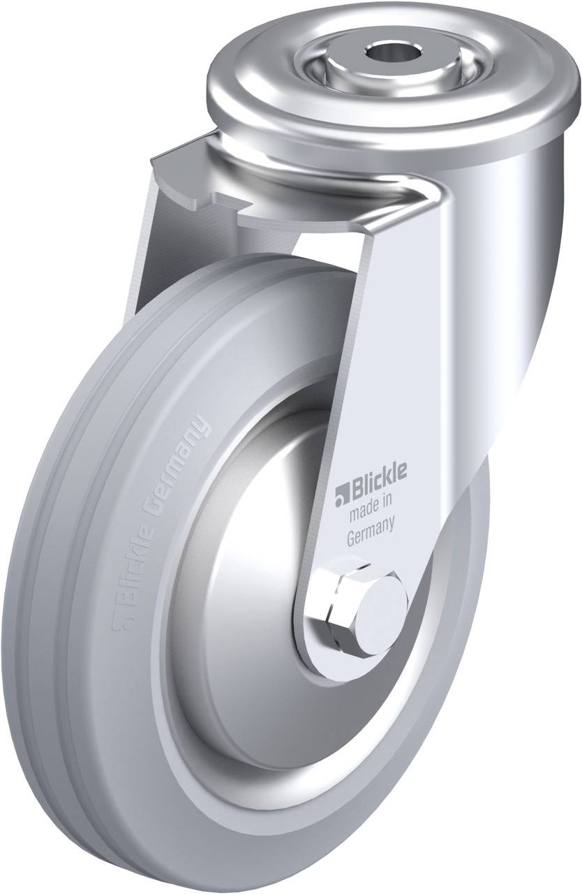 Metallrolle mit grauem Rad, schwenkbar, seitlich 'Blickle made in Germany' aufgedruckt. Einsatz zur mobilen Unterstützung.