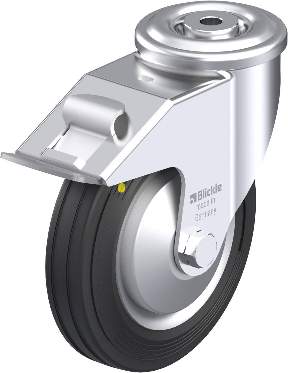 Schwenkrolle mit schwarzem Rad und Metallgehäuse, Aufdruck 'Blickle made in Germany', geeignet für schwere Lasten.