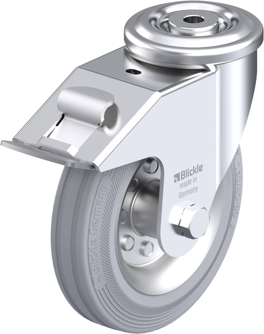 'Schwenkrolle aus Metall mit grauem Rad, montiert an einer Stahlplatte. Aufschrift: 'Made in Germany'. Geeignet für industrielle Anwendungen.'