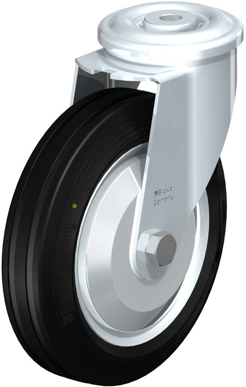 Das Bild zeigt ein feststellbares Rad mit schwarzem Reifen und silberner Halterung, geeignet für industrielle Anwendungen.