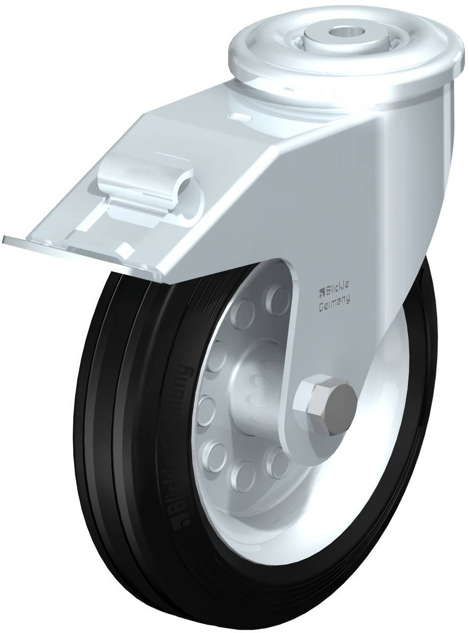 Weißes, robustes Rad mit schwarzem Reifen, typisches Design für industrielle Anwendungen, zeigt Stabilität und Tragfähigkeit.