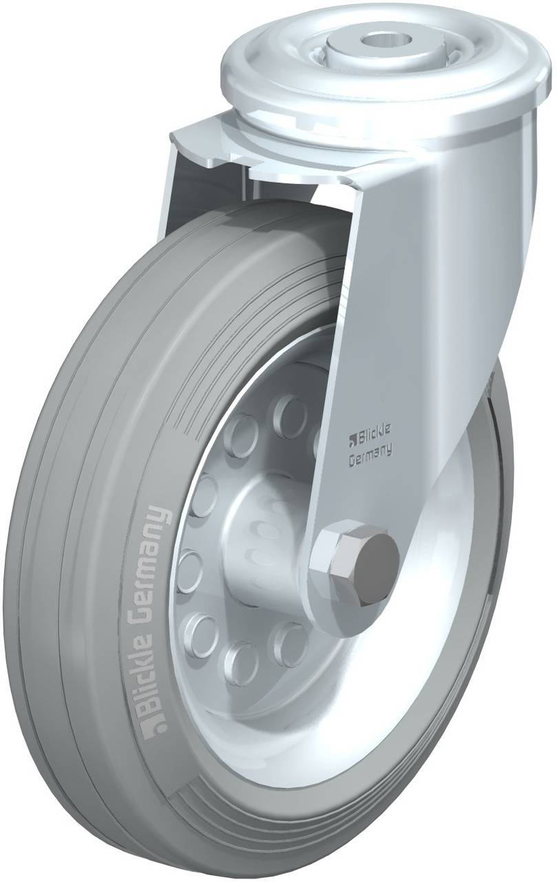 Schwenkrolle aus Metall und Gummi mit Radbremse, geeignet für Industrieanwendungen. Text: 'Blickle Germany' auf der Seite.