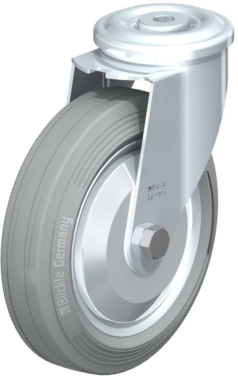 Industrie-Stahlrolle mit grauem Rad und silbernem Gehäuse, beschriftet mit 'Blickle Germany', für Lasten- oder Transportwagen.