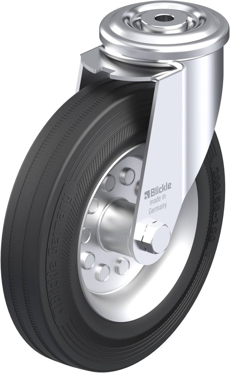 Schwenkrolle mit schwarzem Gummirad und silbernem Gehäuse, seitlich graviert mit 'Blickle made in Germany'.