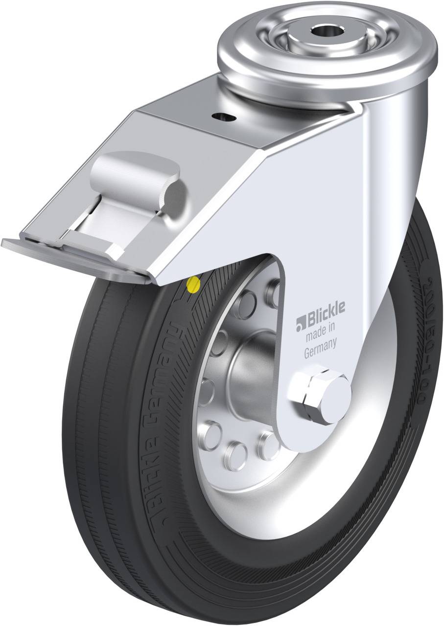 Metallisches Lenkrolle mit Befestigungsplatte und schwarzem Reifen. Die Aufschrift 'Blickle made in Germany' ist sichtbar.