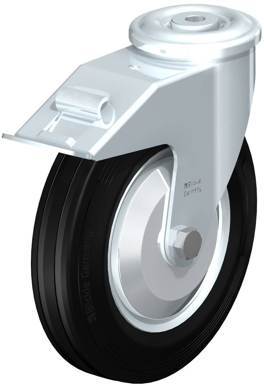 Schwenkrolle aus Metall mit schwarzem Reifen. Sie hat eine Befestigungsplatte oben und ist für schwere Lasten konzipiert.