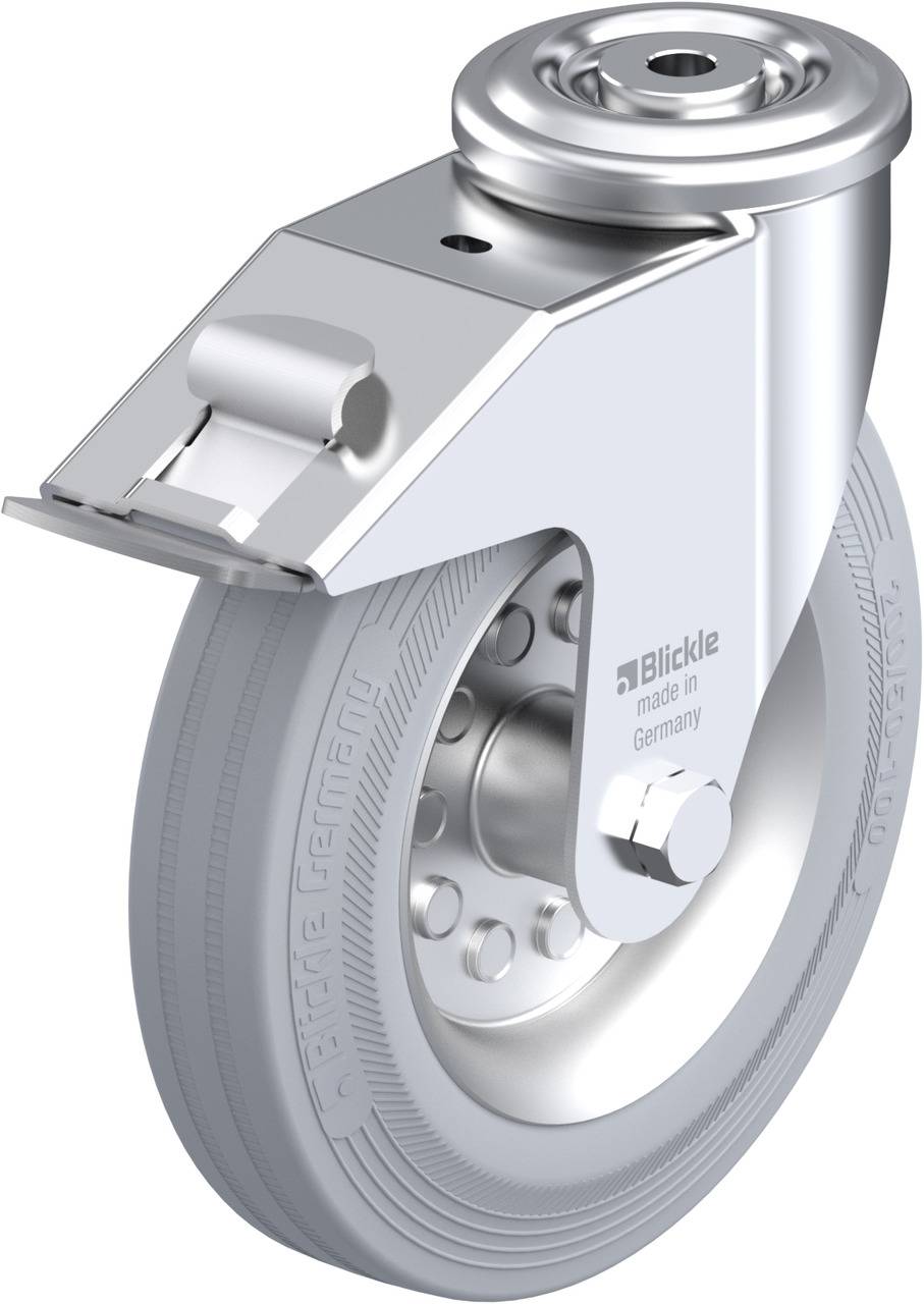 Rolle mit Metallgehäuse und grauem Rad, geeignet für schwere Lasten; zeigt Aufschrift 'made in Germany' und Markenname.