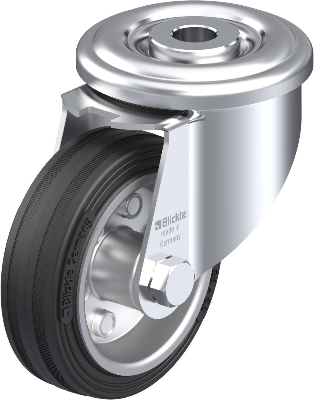 Metallisches Bockrad mit schwarzem Reifen, einrollig, geeignet für Trolleys oder Transportwagen, produziert von 'Blickle'.