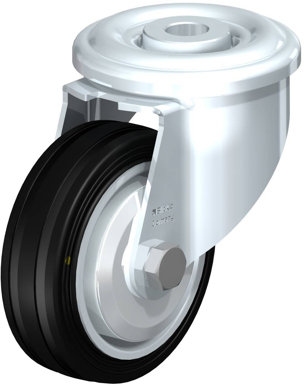 Metallrolle mit schwarzem Gummirad und silbernem Gehäuse. Geeignet für industrielle Anwendungen wie Transportwagen oder Maschinen.