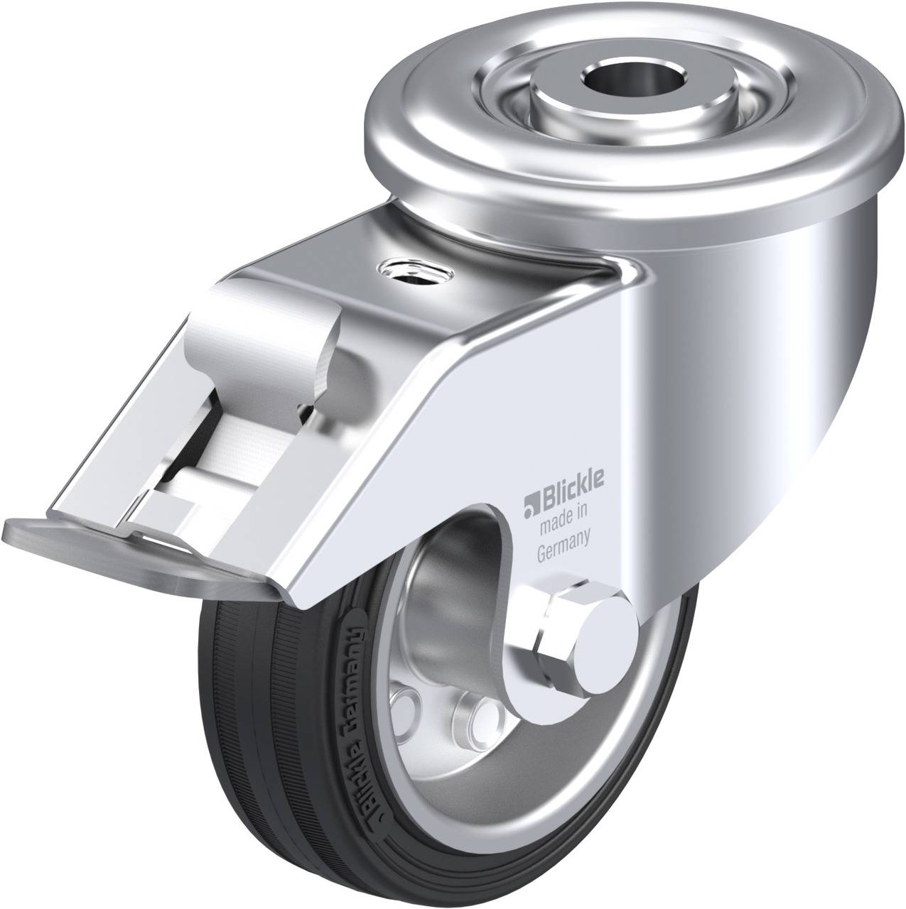 Schwenkrolle aus Metall mit festem Gummi­rad, geeignet für industrielle Anwendungen. Schlichtes, modernes Design mit glänzender Oberfläche. Made in Germany.