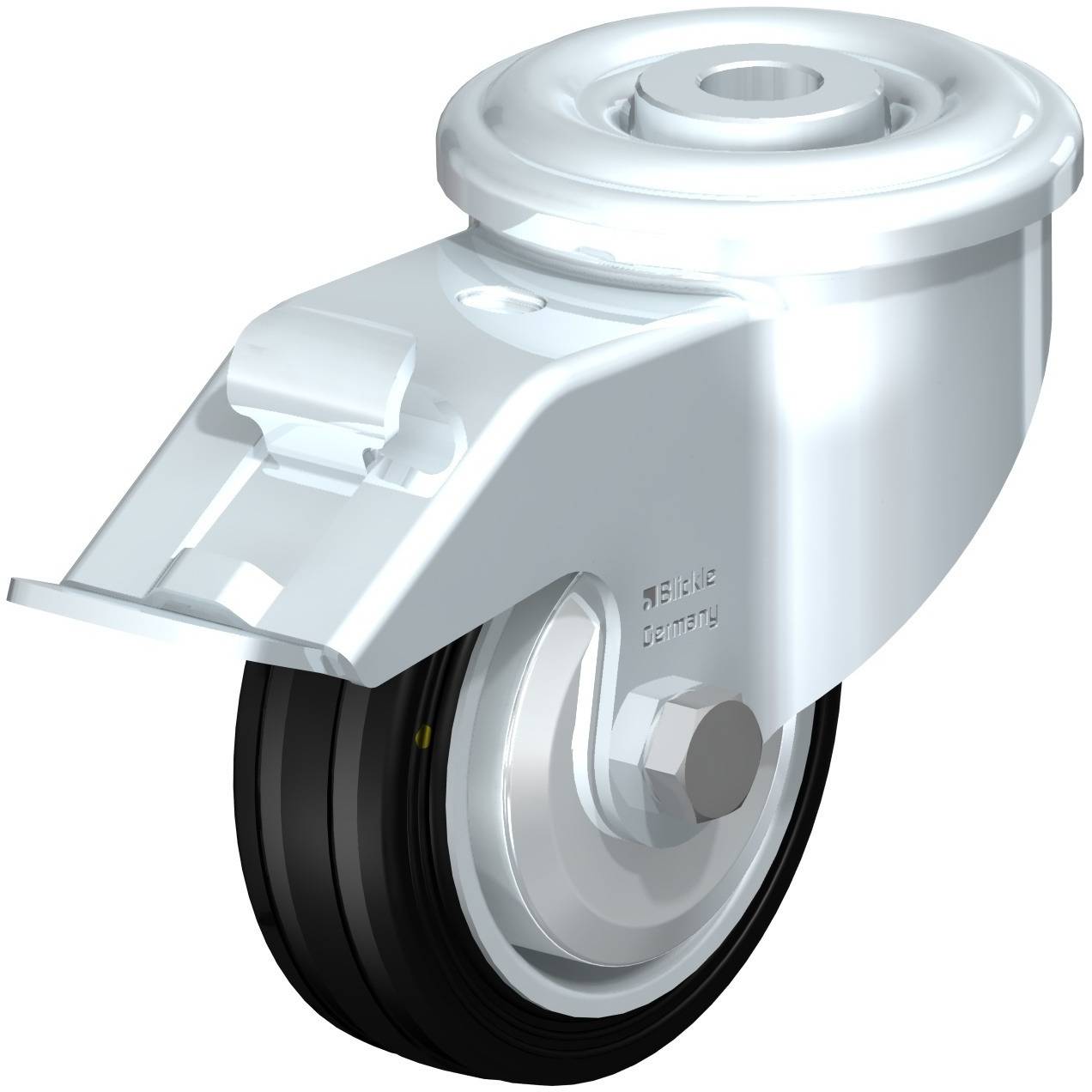 Ein einzelnes drehbares Rad mit einer Befestigungsplatte oben, geeignet für den Einsatz an Möbeln oder Transportgeräten.