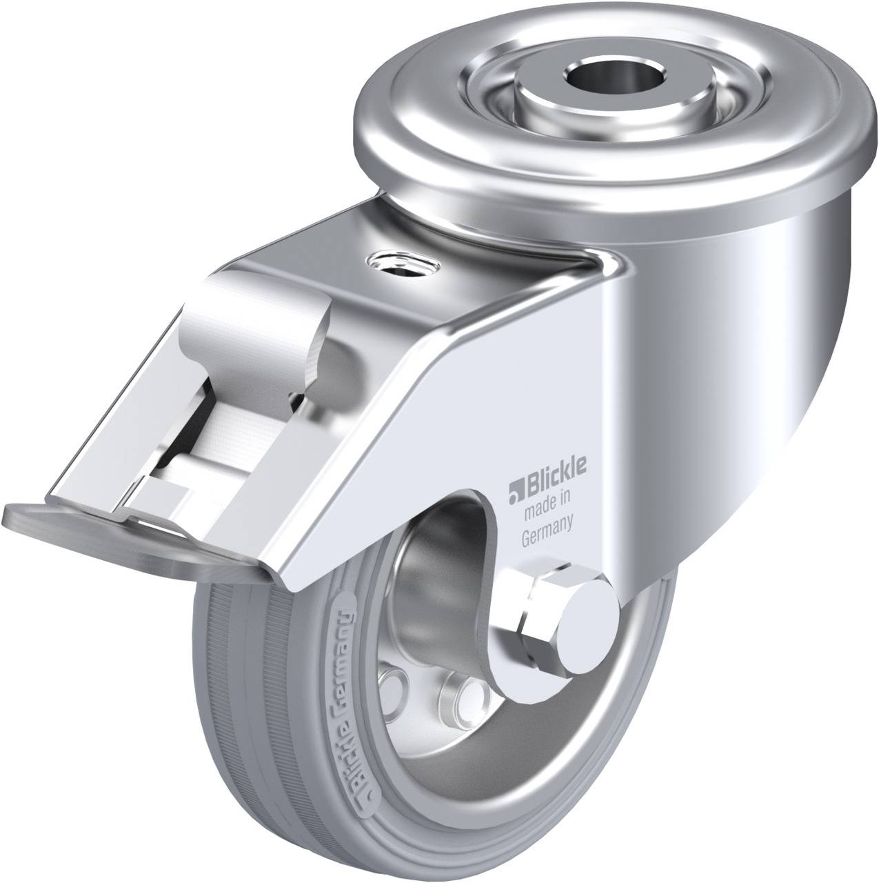 Metallisches Schwerlast-Lenkrolle mit grauem Rad, geeignet für industrielle Anwendungen. Dient zum einfachen Bewegen schwerer Gegenstände.