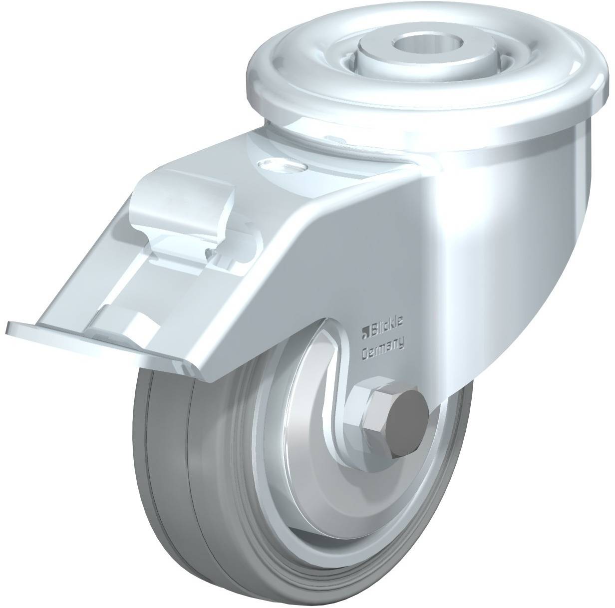 Schwenkrolle aus Metall mit grauem Rad, typisches Bauteil für Möbel oder Transportgeräte zum leichten Bewegen auf glatten Untergründen.