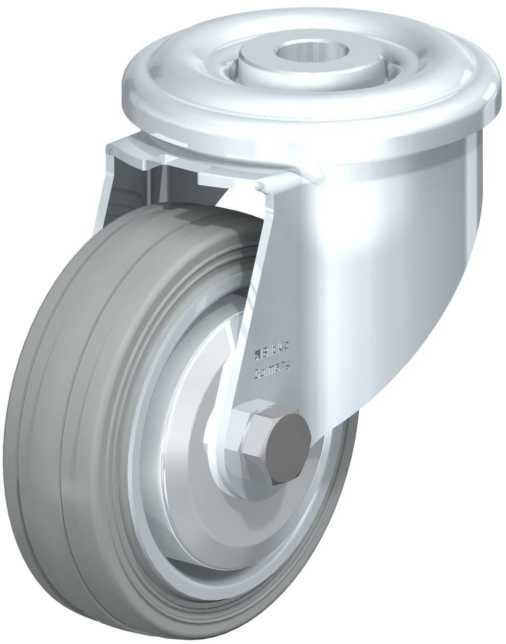 Industrie-Lenkrolle aus Metall und Gummi, seitliche Ansicht. Verwendet für bewegliche Ausrüstungen oder Möbel.