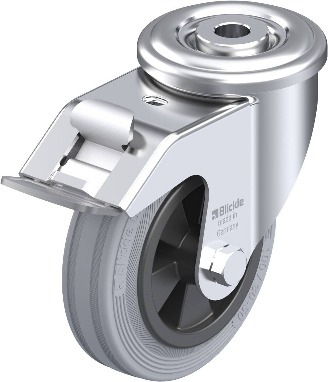 Drehbares Rad aus Metall und Kunststoff, geeignet für den industriellen Einsatz, mit Vorrichtung zur Befestigung an Maschinen oder Geräten.