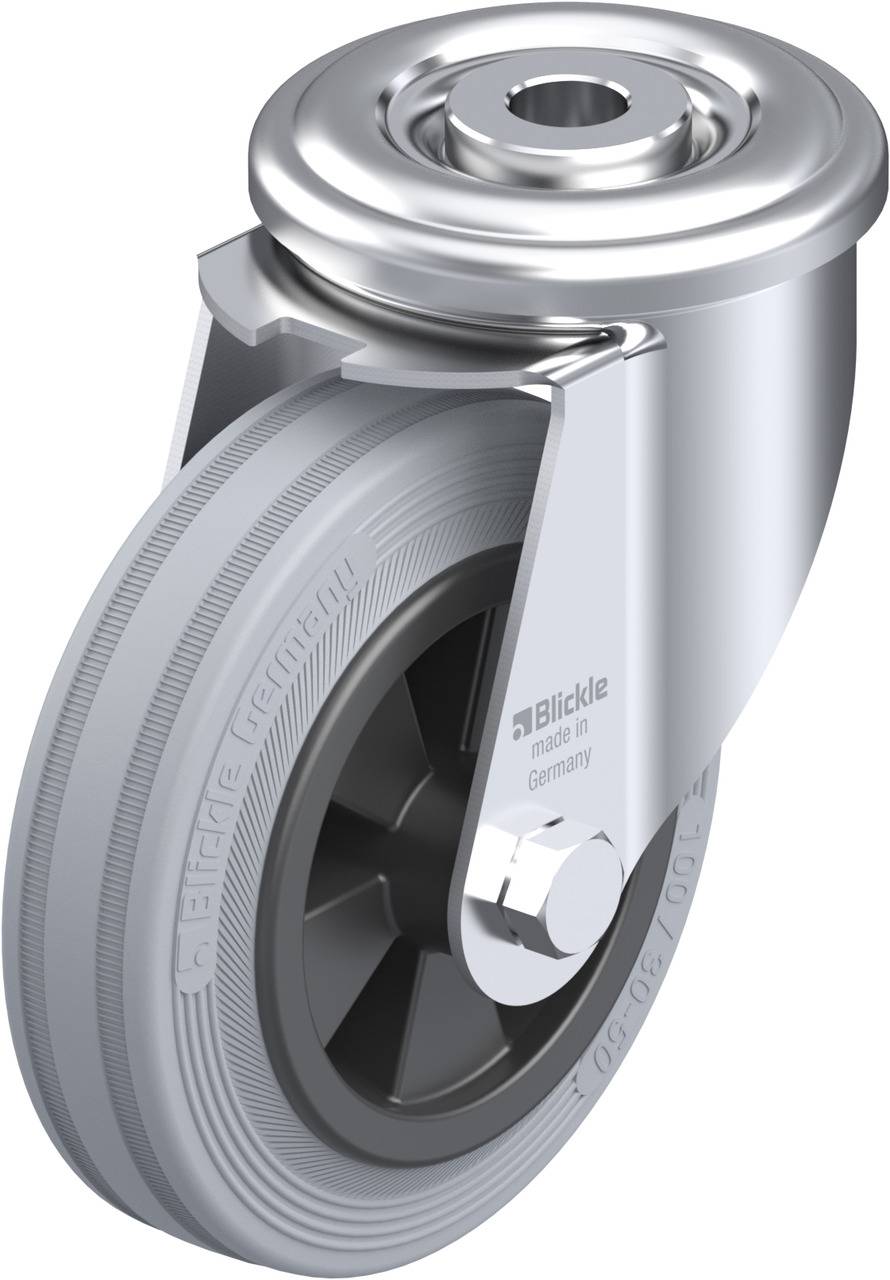 Drehbares Bockrad aus Metall und Gummi mit Aufschrift 'made in Germany'. Geeignet für schwere industrielle Anwendungen.