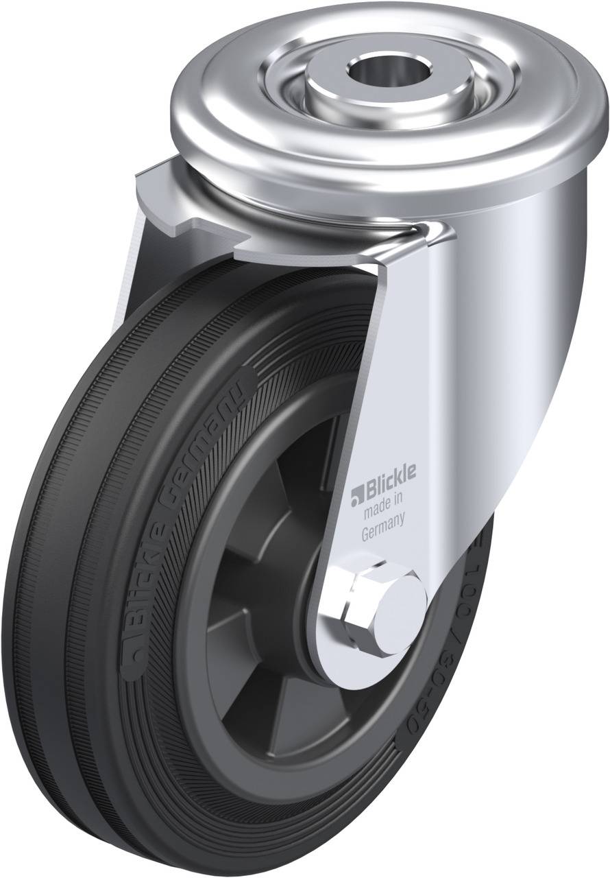 Schwenkrolle mit schwarzem Reifen und silbernem Gehäuse, geeignet für industrielle Anwendungen. Aufschrift: 'Blickle, made in Germany'.