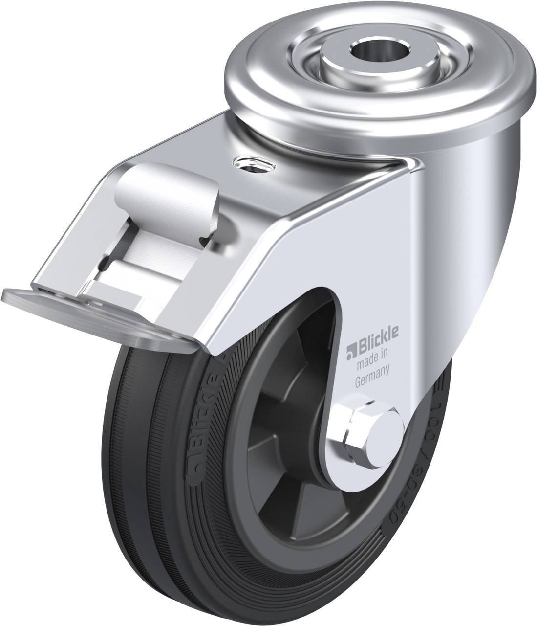 Metallisches Schwerlast-Drehgelenk-Rad mit schwarzer Gummilauffläche, geeignet für industrielle Anwendungen. Markierung: 'Blickle'.