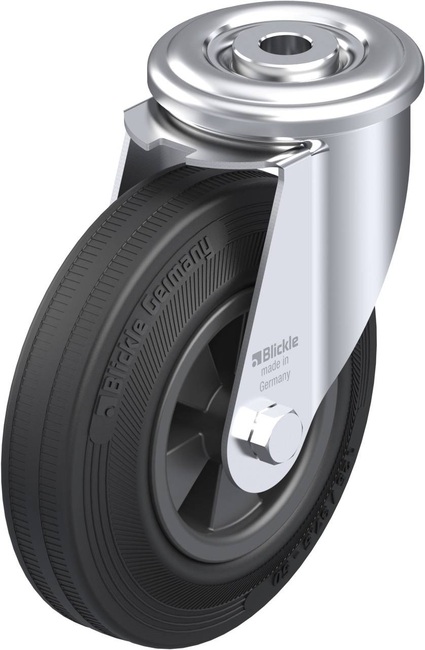 Rollenrad mit Metallhalterung, schwarze Gummibereifung, Aufdruck 'Blickle made in Germany'. Geeignet für industrielle Anwendungen.