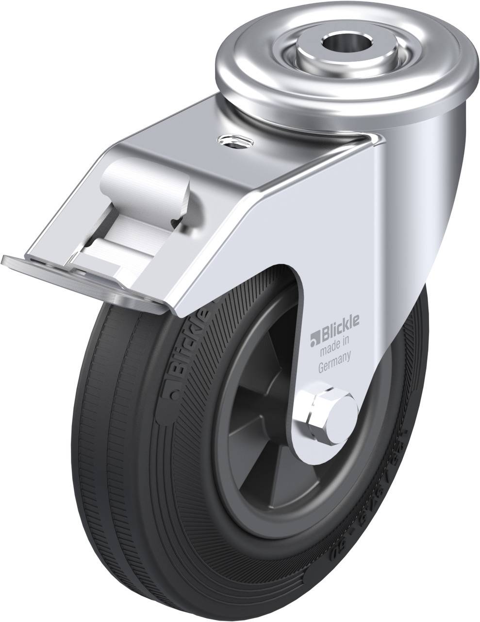 Graues Schwenkrolle mit einem schwarzen Rad, geeignet für schwere Lasten.